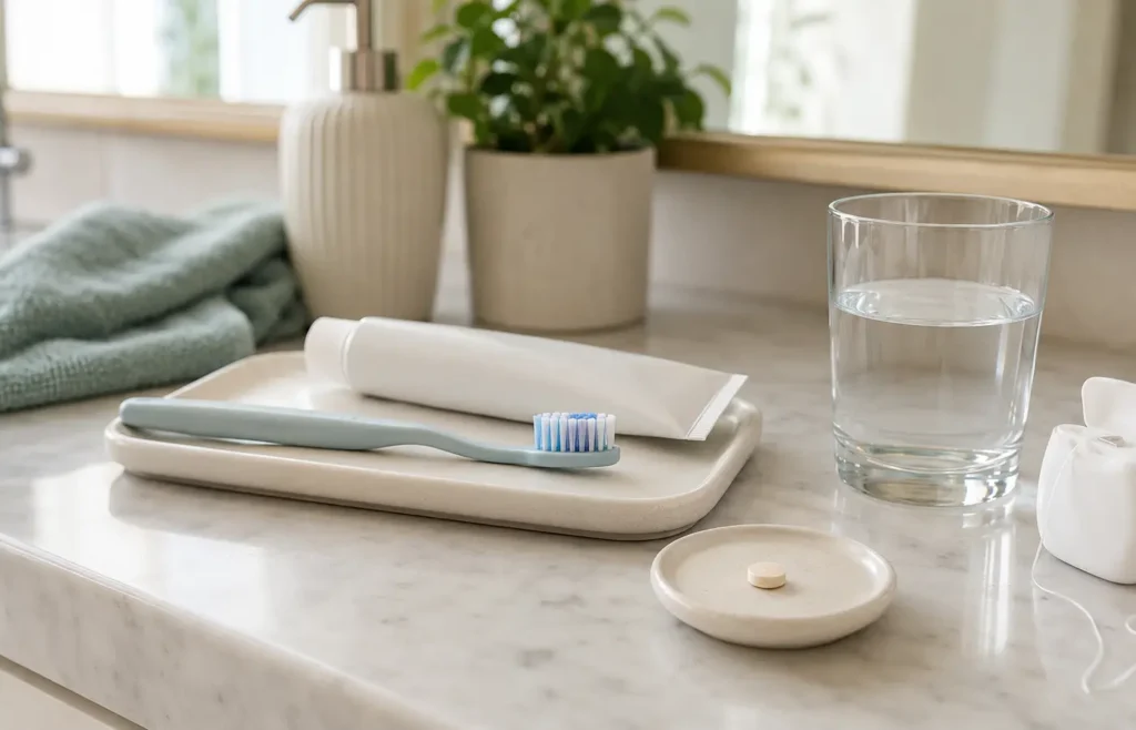 Oral care routine showing when to take ProDentim after brushing the teeth.