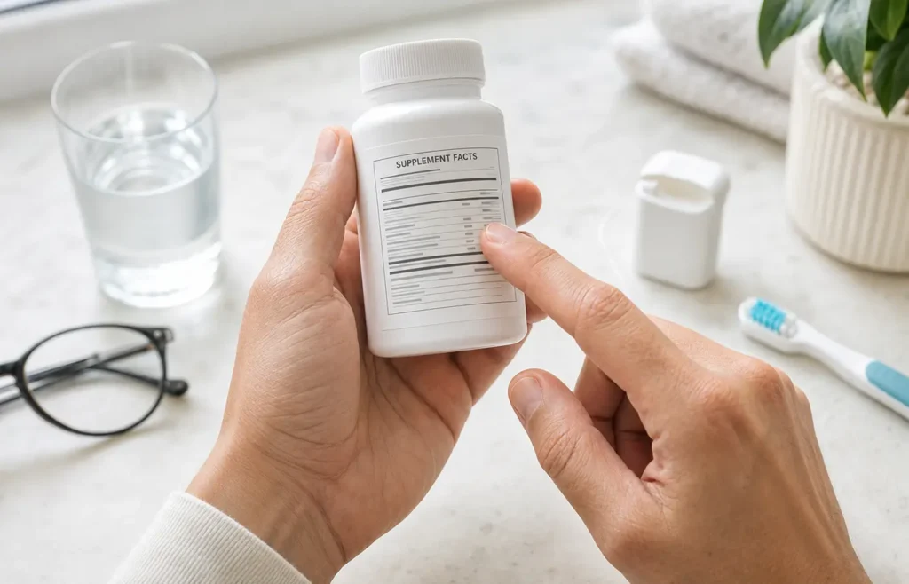 Person checking the ProDentim supplement label, ingredients and serving instructions.