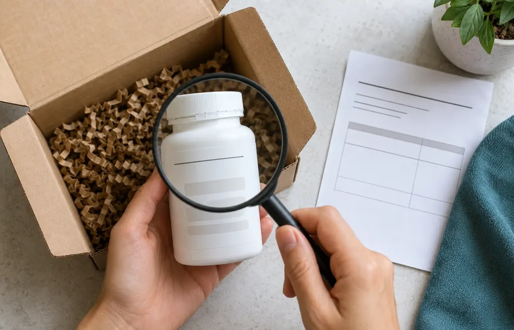 Checking a delivered ProDentim order for packaging, seal, lot and expiration information.