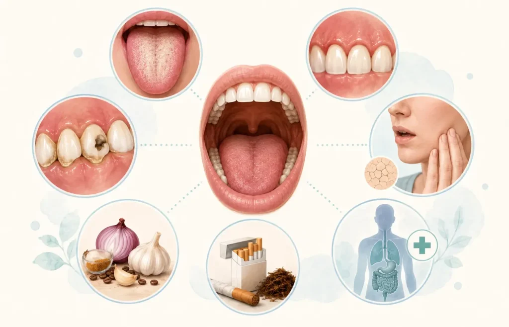 Common causes of bad breath including tongue coating, gum disease, dry mouth, dental problems and medical conditions.