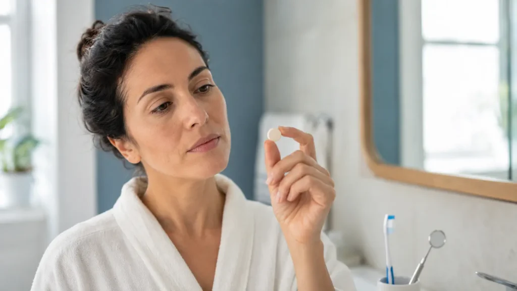 Person researching whether ProDentim works before adding an oral probiotic to a dental care routine.