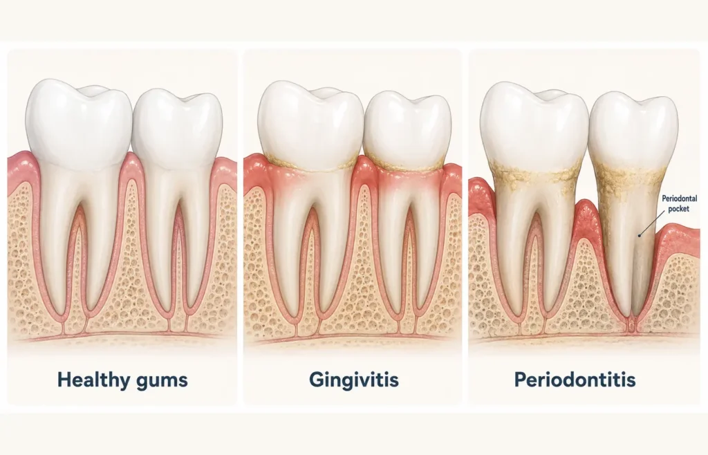 Difference between healthy gums, gingivitis and periodontitis with inflammation and periodontal tissue loss.