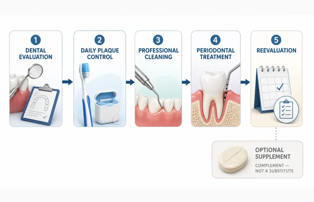 Evidence-based priorities for treating gum disease before considering an optional oral probiotic.