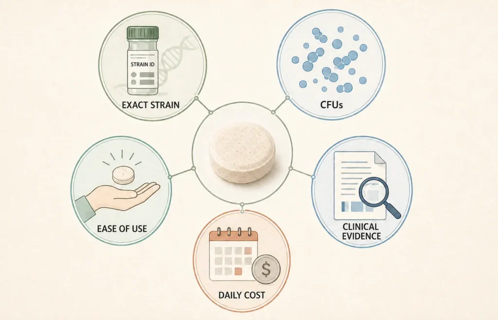 Criteria for comparing oral probiotics including strains, CFUs, clinical evidence, cost and practical use.