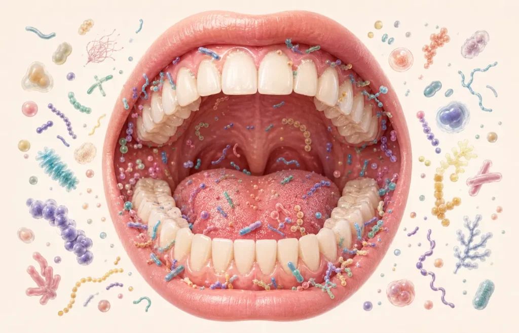 Conceptual illustration of the oral microbiome around the teeth, tongue and gums.