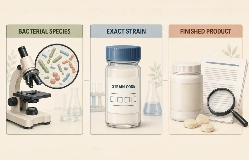 Difference between probiotic species evidence, exact strain research and finished-product clinical evidence.