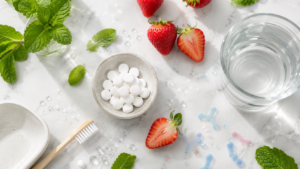 Featured image for ProDentim ingredients article with mint, strawberries and probiotic tablets