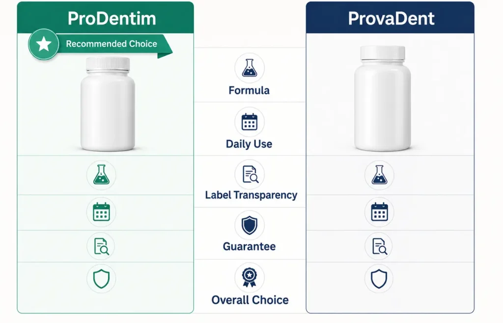 Direct comparison of ProDentim and ProvaDent ingredients, instructions, transparency and guarantee.