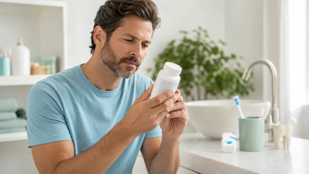 Person reviewing ProDentim side effects and safety information before using an oral probiotic supplement.