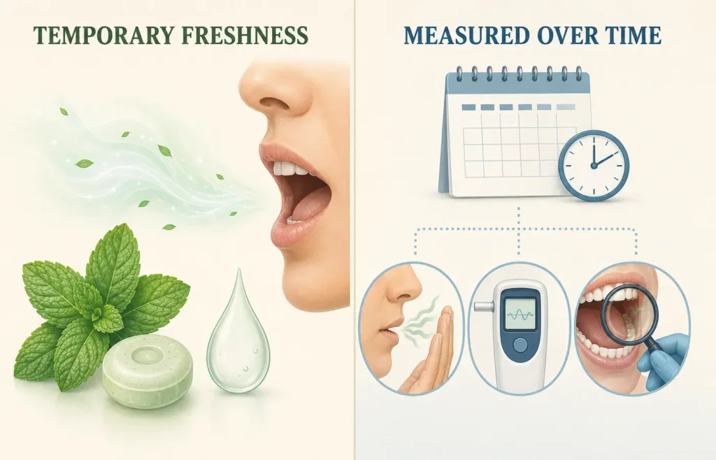 Comparing temporary mint freshness with sustained and measurable improvement in halitosis.