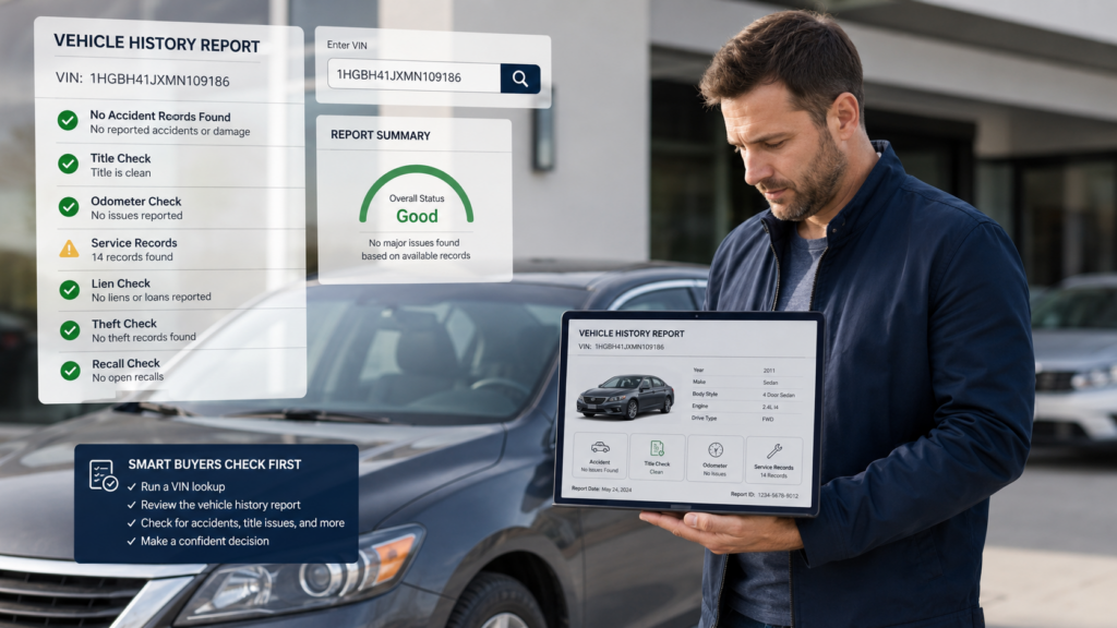 Buyer checking a used car history report before purchasing a vehicle