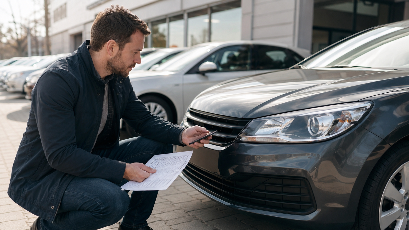 Buyer inspecting a used car while comparing notes from a VIN check report