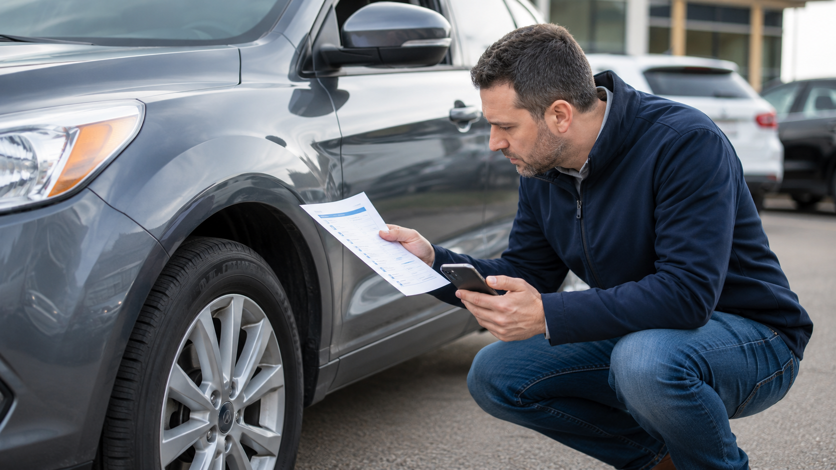 Buyer inspecting a used car for red flags before purchasing