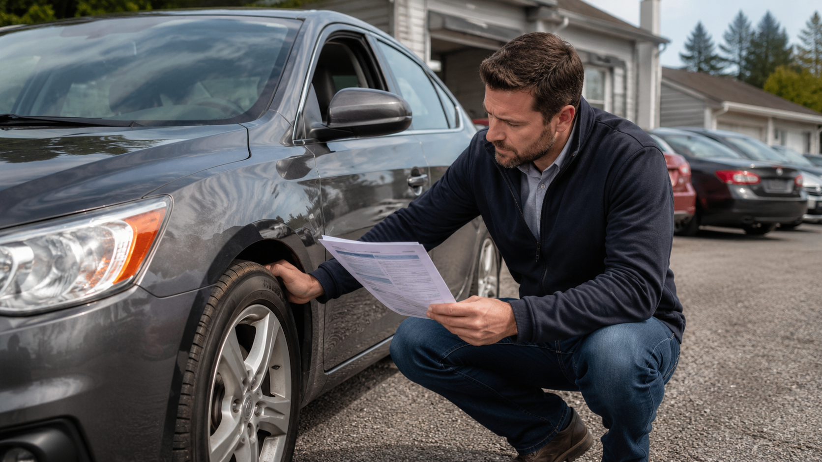 Buyer inspecting a used car while checking a vehicle history report