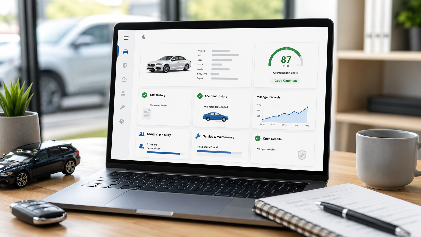 Vehicle history report dashboard shown on a laptop with VIN and checklist details