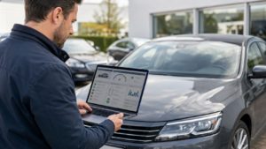 Buyer reviewing a vehicle history report before buying a used car