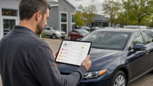 Buyer reviewing vehicle history report red flags before buying a used car