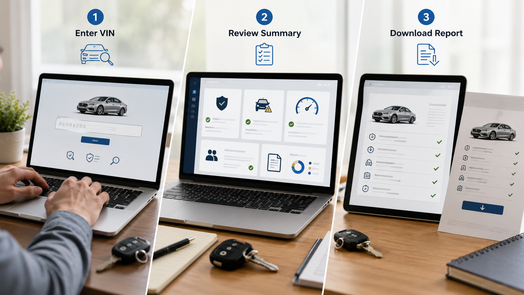 Three step VIN check process from entering a VIN to reviewing a report