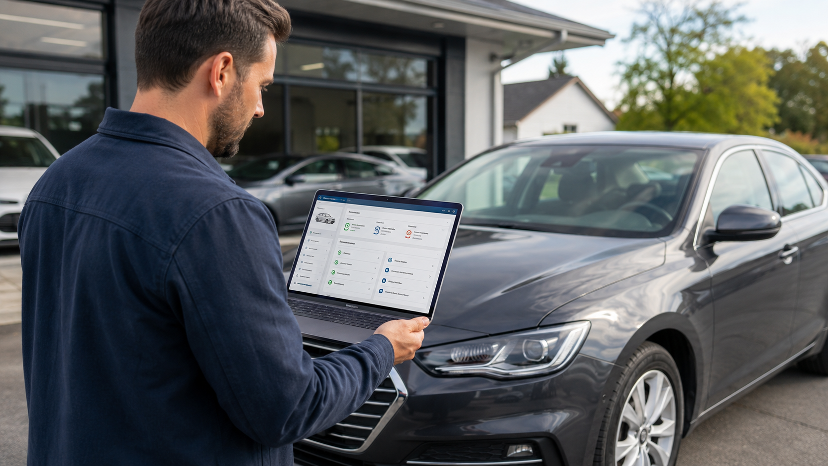 Buyer reviewing a vehicle history report before buying a used car