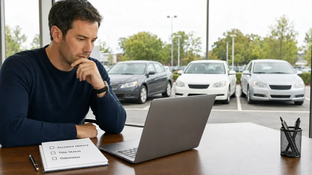 Checking the VIN and vehicle history before choosing which used car to buy.