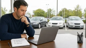 Checking the VIN and vehicle history before choosing which used car to buy.