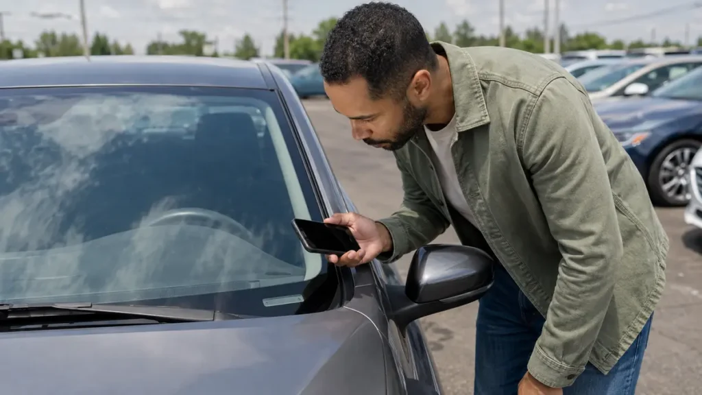 Buyer using a phone for a free VIN check on a used car