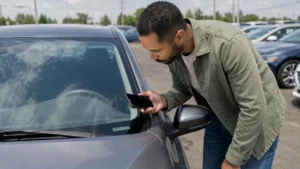 Buyer using a phone for a free VIN check on a used car