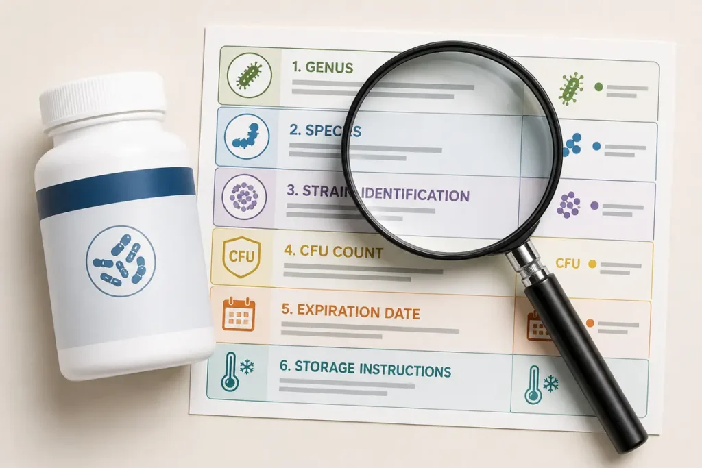 Oral probiotic label details including strain and CFU count