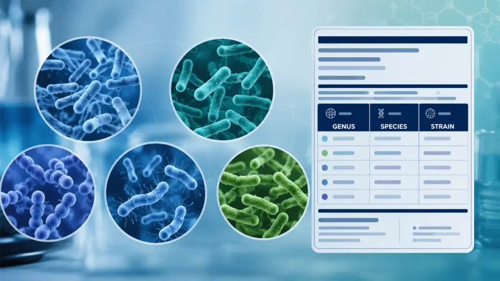 Different oral probiotic strains shown with a supplement label