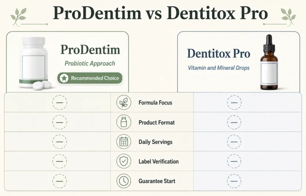 Direct comparison of ProDentim and Dentitox Pro formulas, formats, instructions, verification and refund terms.