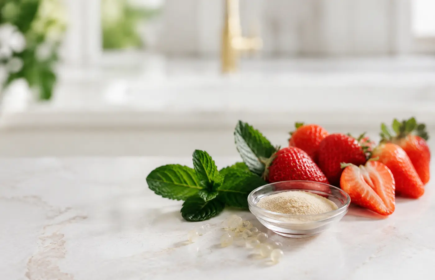 Strawberries, peppermint and supplement ingredients arranged on a kitchen counter