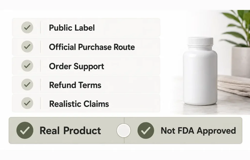 ProDentim legitimacy checklist covering its public label, purchasing route, support, refund terms and FDA status.