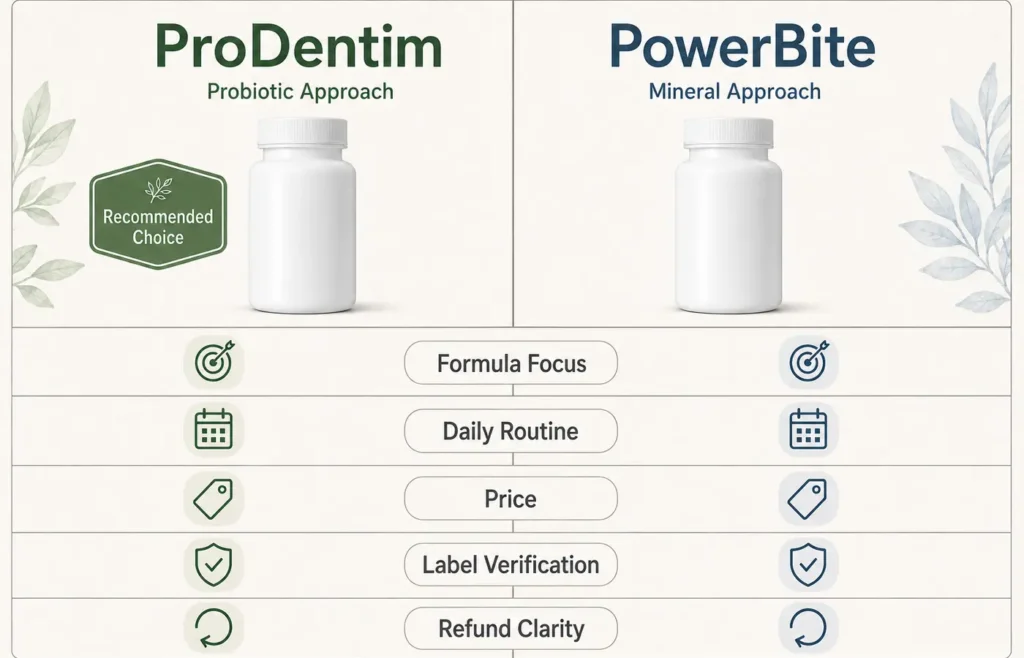 Direct comparison of ProDentim and PowerBite formulas, instructions, pricing and refund policies.