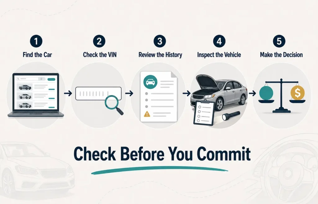 The recommended process for checking a VIN before inspecting and purchasing a used car.