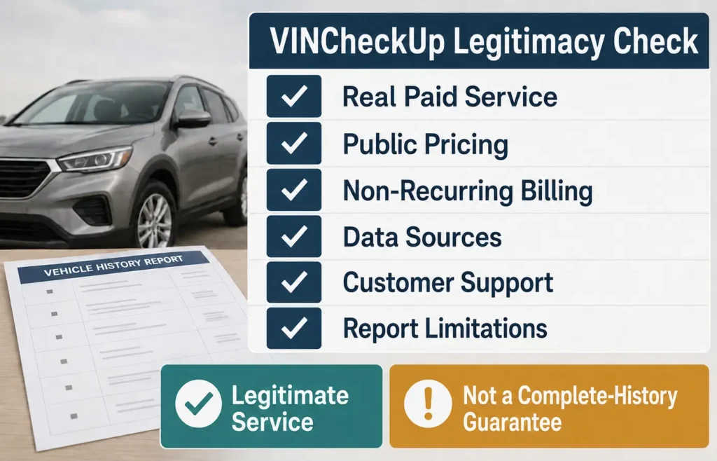 VINCheckUp legitimacy checklist covering its reports, pricing, billing, data sources, support and limitations.