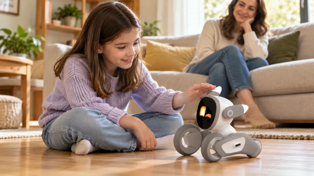 Child interacting with Loona Petbot under adult supervision.