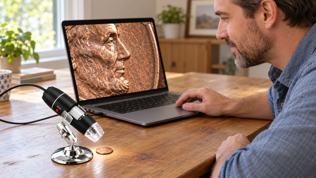 Jiusion Digital Microscope displaying a magnified coin on a laptop screen.