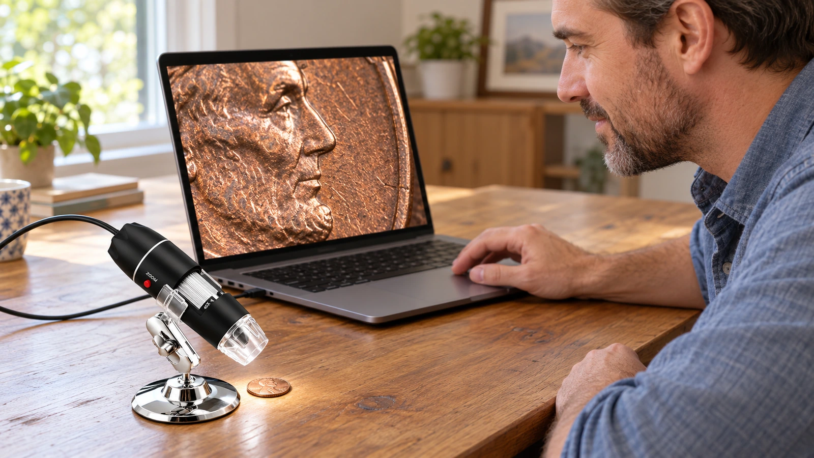 Jiusion Digital Microscope displaying a magnified coin on a laptop screen.