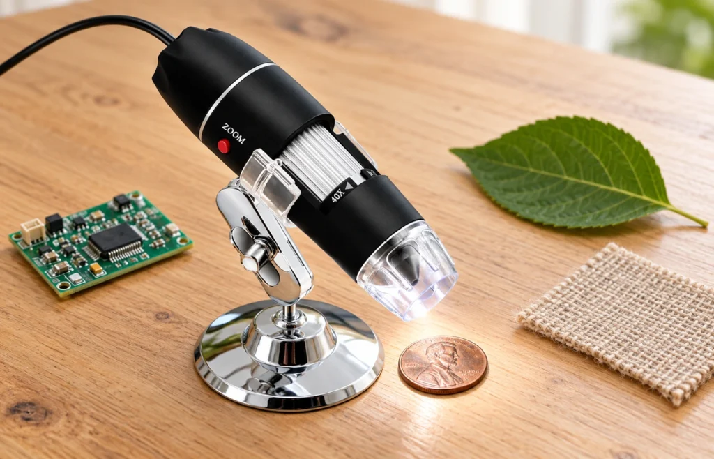 Jiusion USB microscope used to inspect coins, electronics, leaves and fabric details.