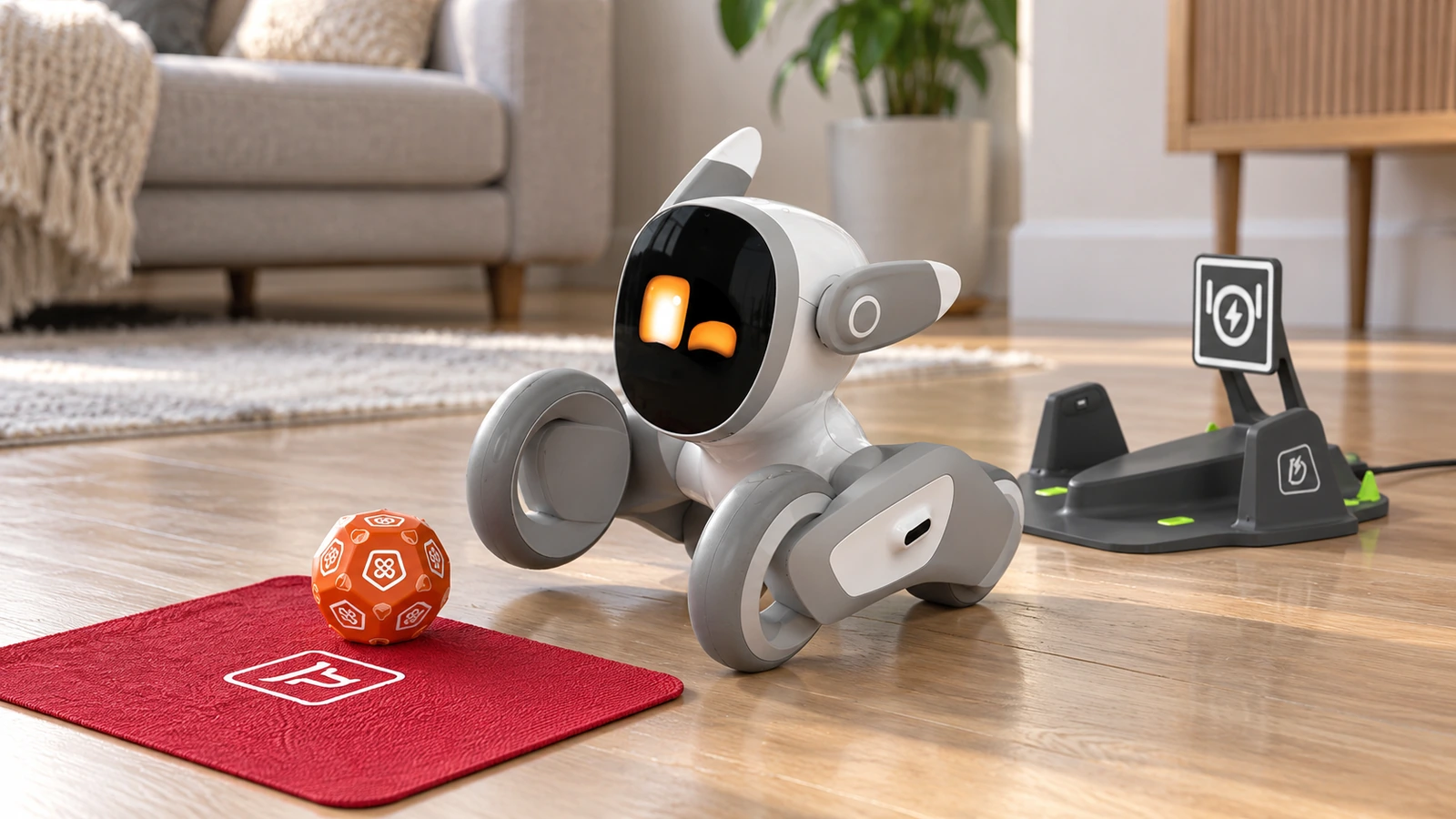 Loona Petbot with its charging dock and game accessories.