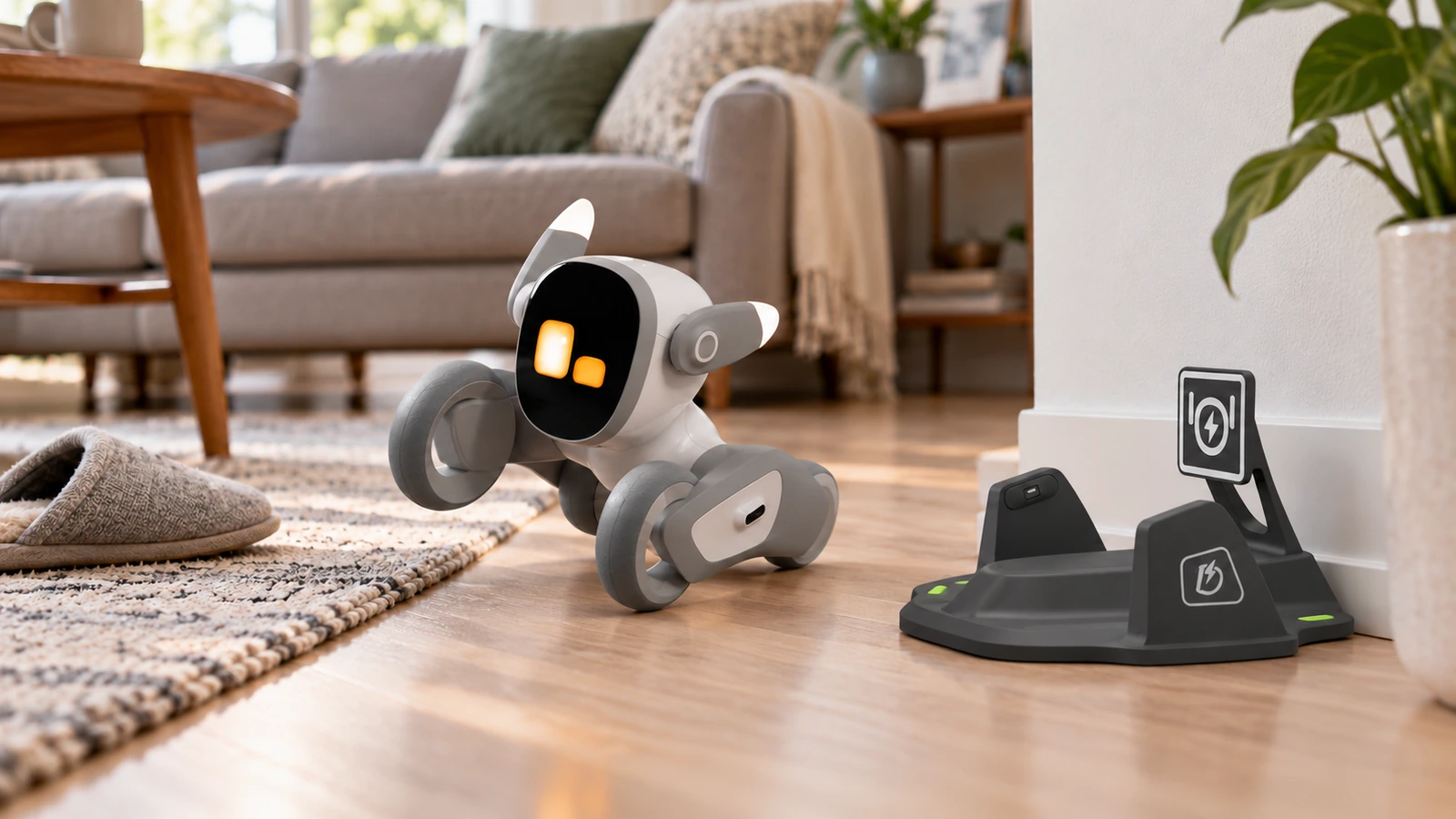 Loona Petbot approaching its charging dock in a home environment.