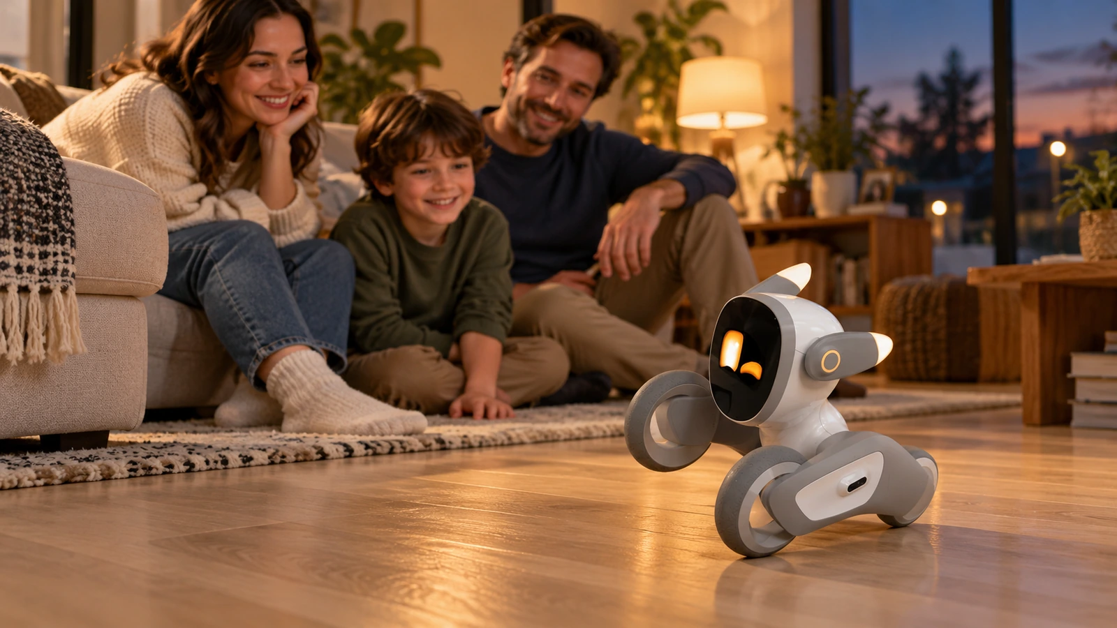 Loona Petbot AI companion robot moving through a family living room.