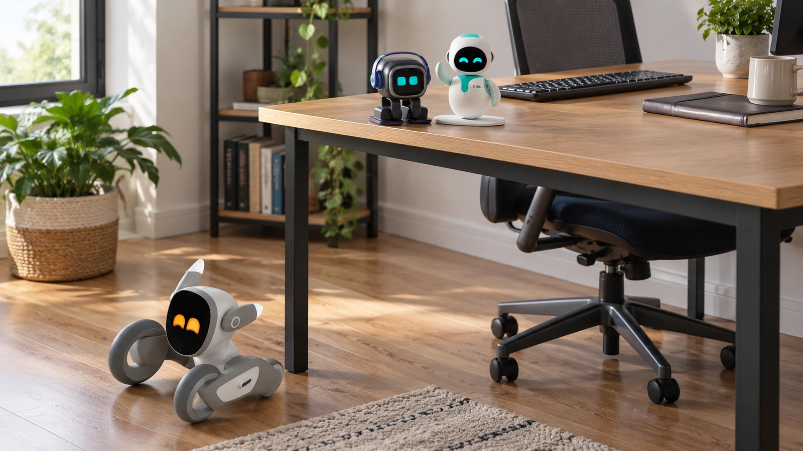 Loona, EMO and Eilik AI robot companions compared in a home office.