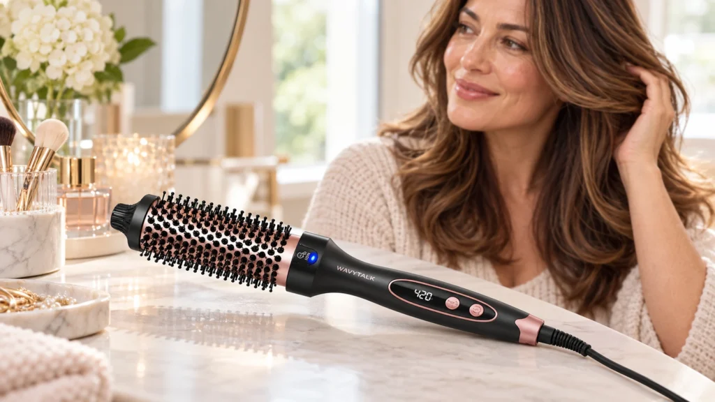 Wavytalk Thermal Brush review showing the 1.5-inch heated brush used for volume and blowout-style hair.
