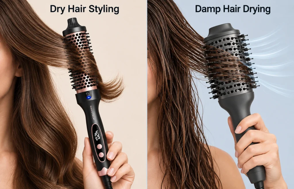 Difference between the Wavytalk Thermal Brush for dry hair and a blow dryer brush for damp hair.